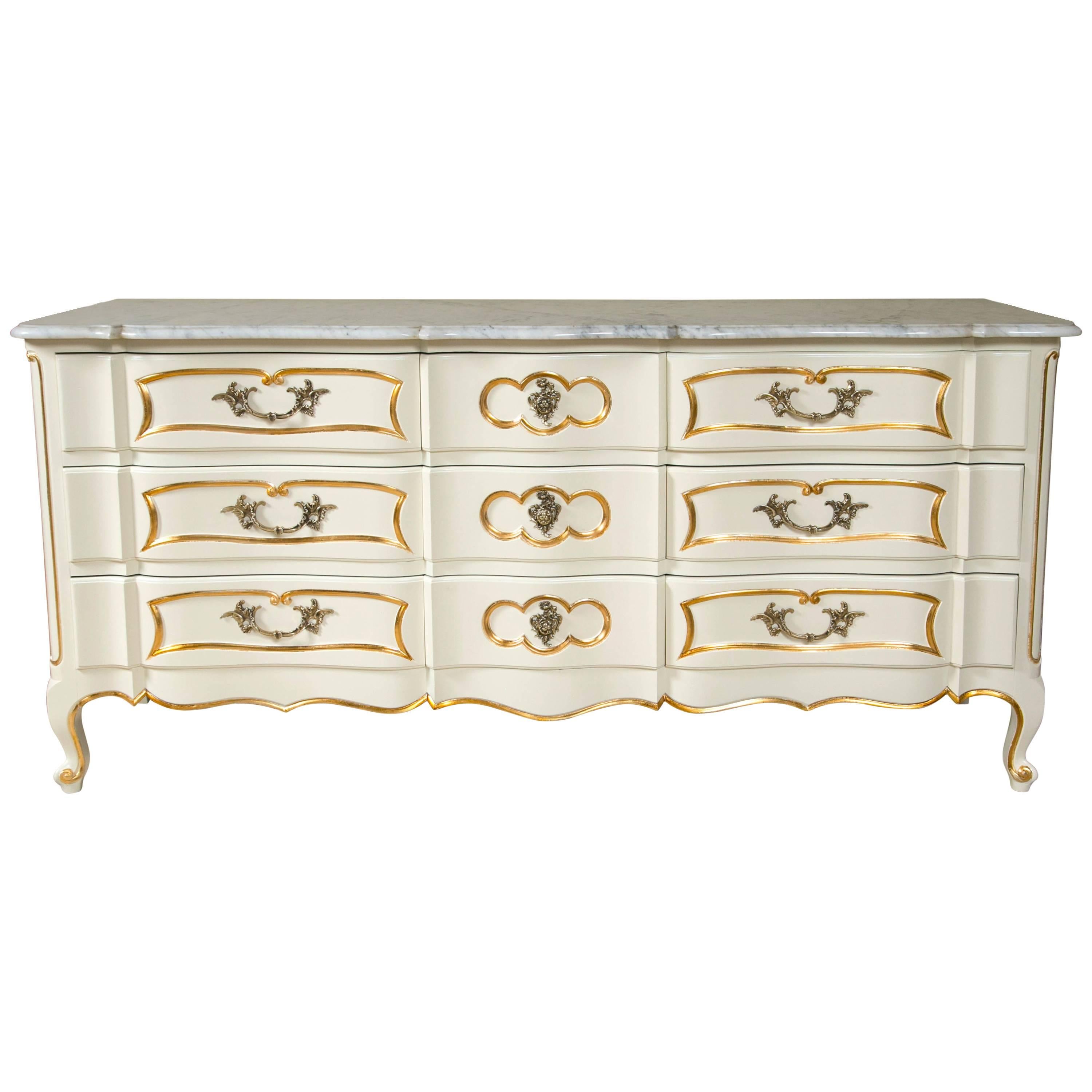 Louis XV Style Marble Top Painted and Gilt Decorated Dresser Commode Nine Drawer