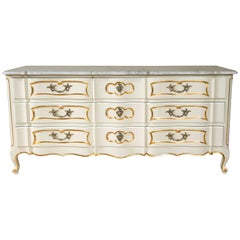 Vintage Louis XV Style Marble Top Painted and Gilt Decorated Dresser Commode Nine Drawer