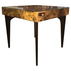 Aldo Tura Game Table with Lacquered Goatskin, Brass Drawers, Wood and Glass Top 