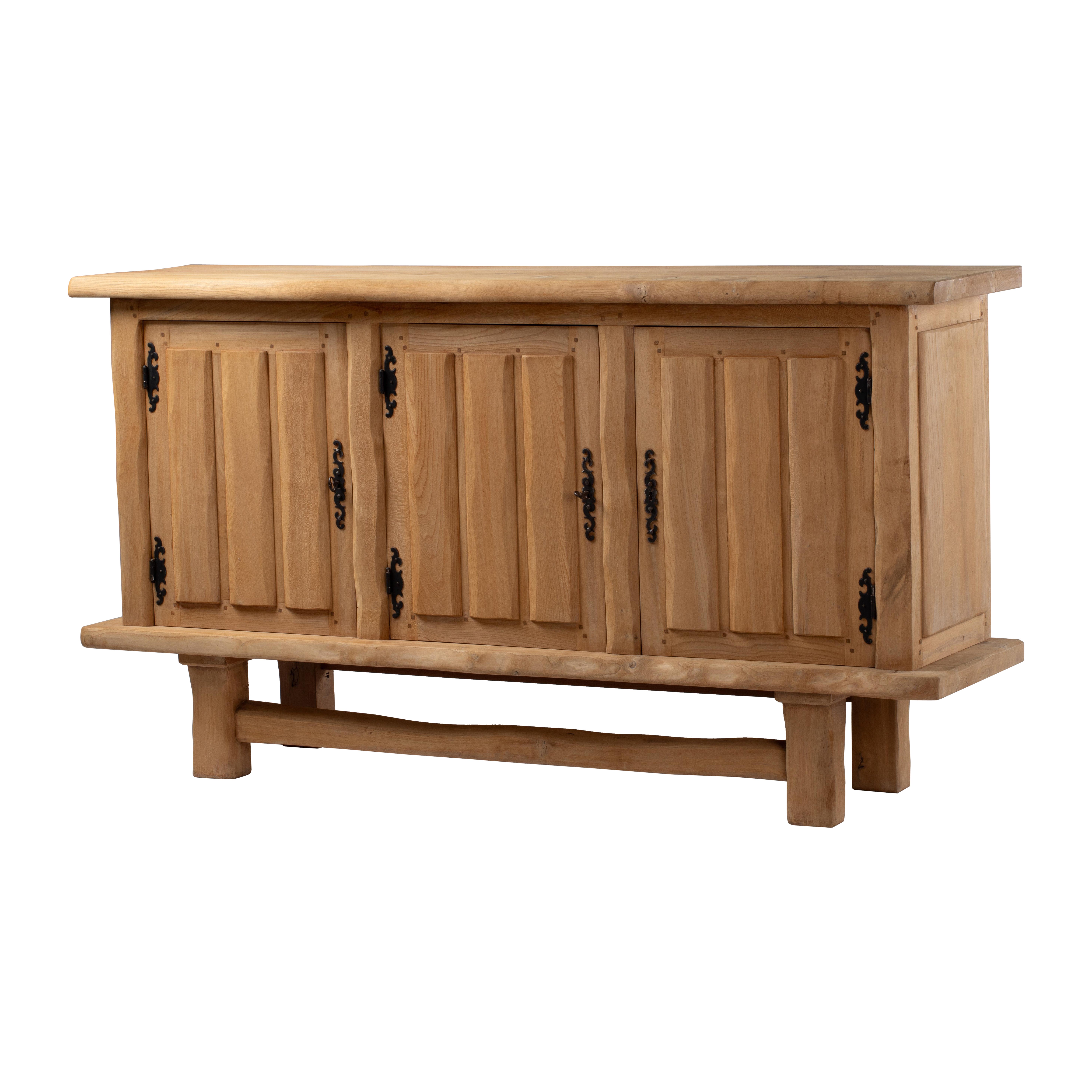 French 1950s Natural Oak Sideboard with Intricate Carved Panels