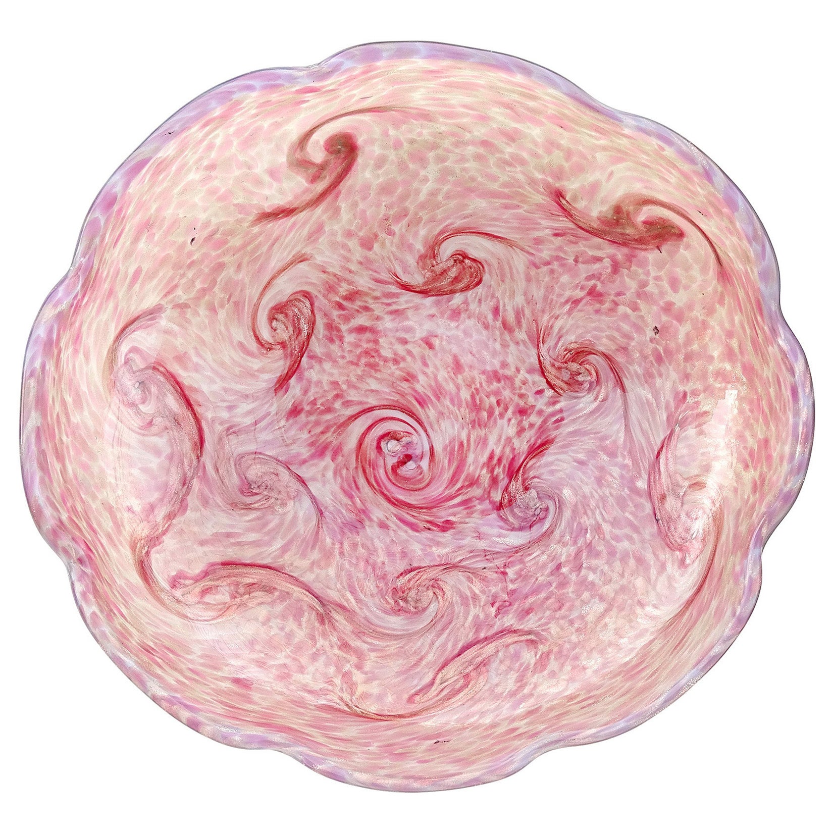 Bol central en verre d'art italien Fratelli Toso Murano opale rose aventurine tourbillonnant