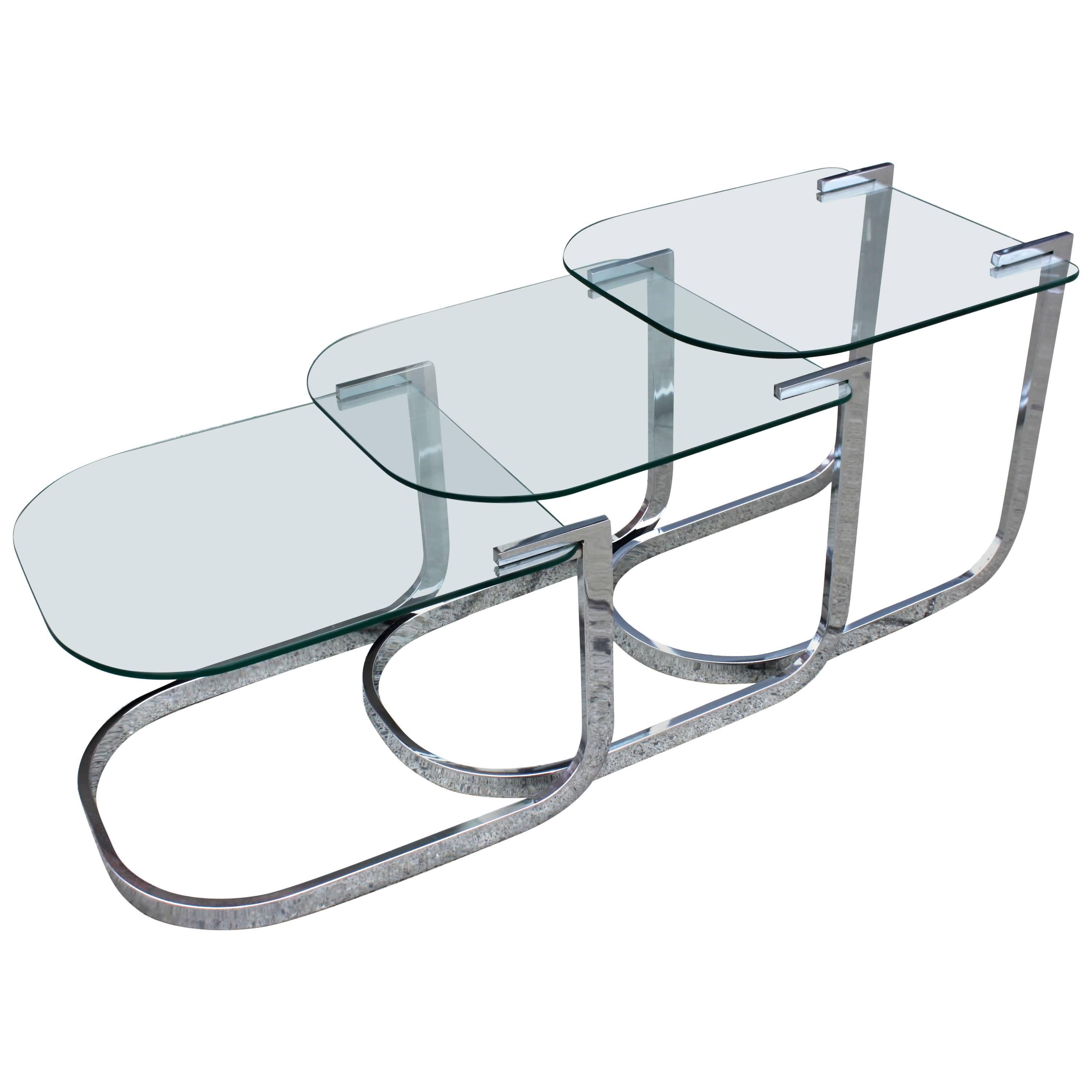 Modern Set of Three Chrome Flat Bar Milo Baughman Nesting or Stacking Tables For Sale