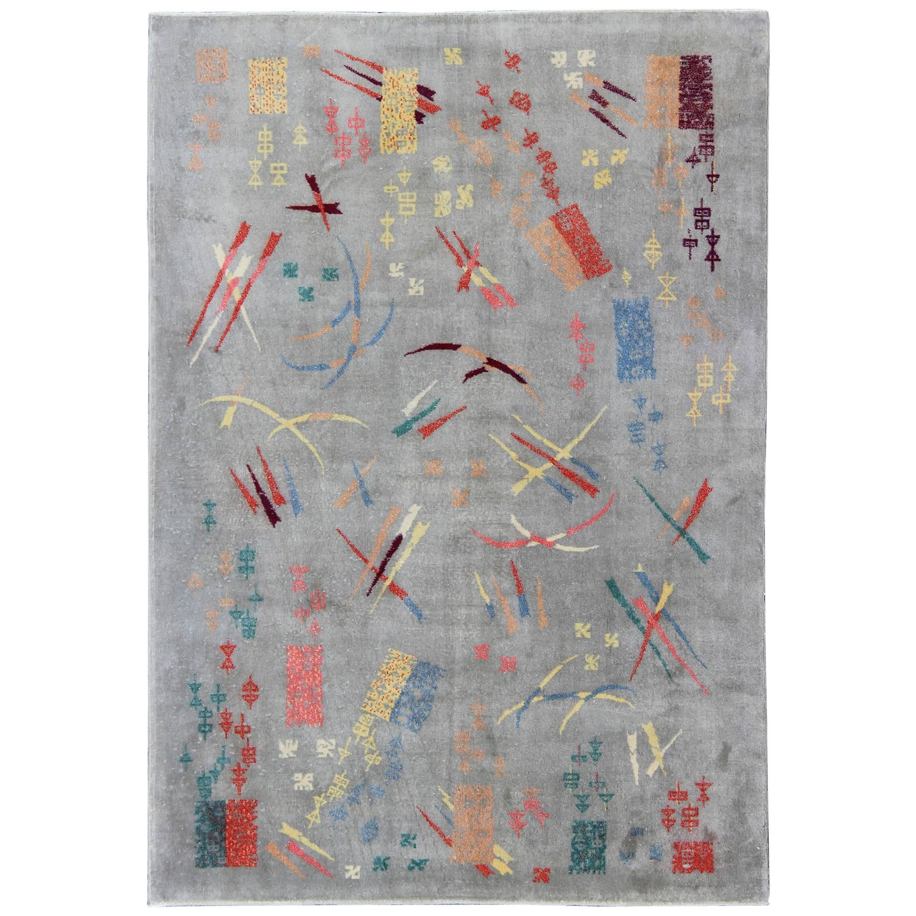  Mid Century Modern Rug with Abstract Design in Light Gray and Multi Colors For Sale