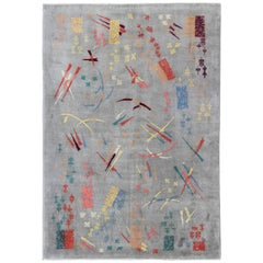 Retro  Mid Century Modern Rug with Abstract Design in Light Gray and Multi Colors