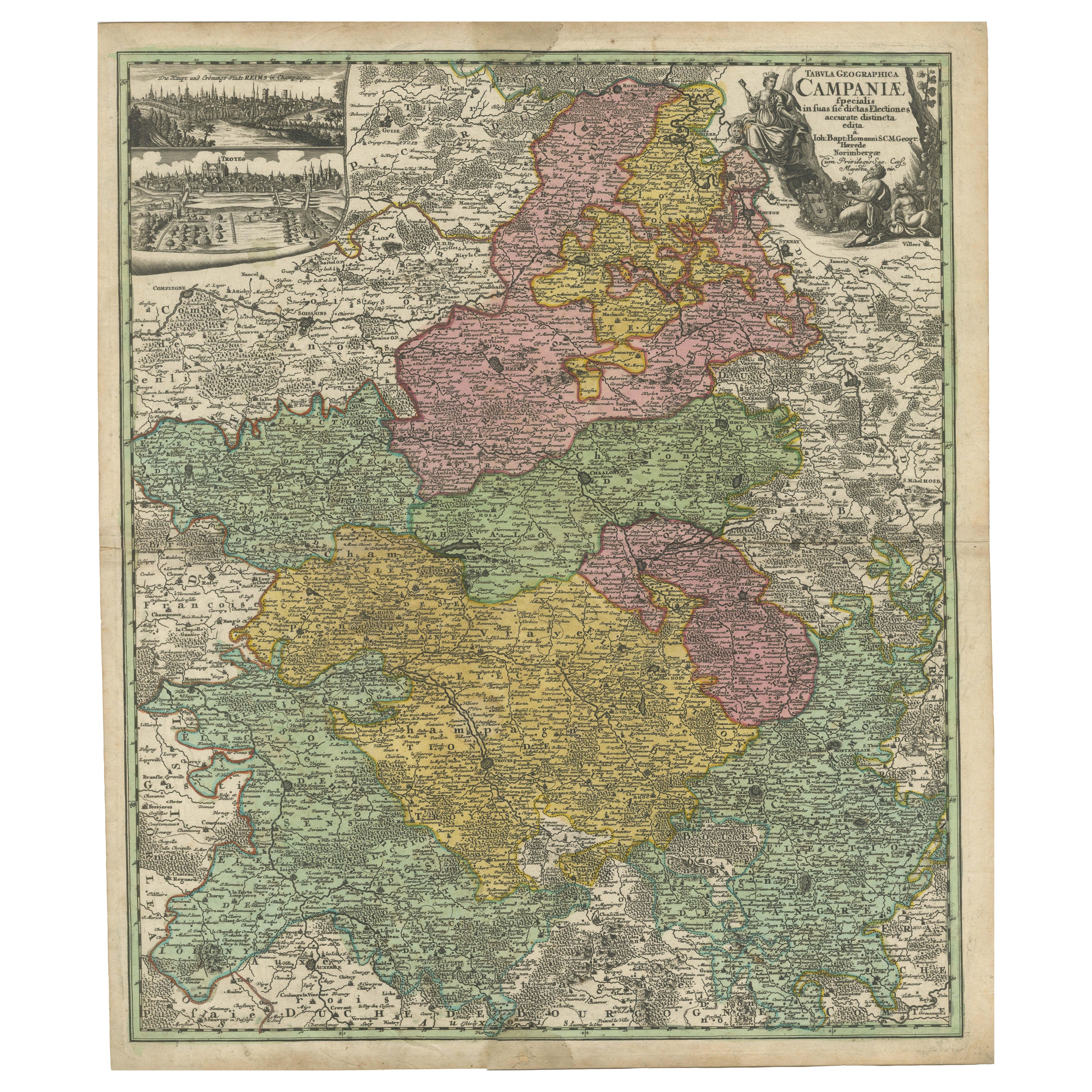 Antique Map of Champagne France by Johann Baptist Homann circa 1710 Hand-Colored