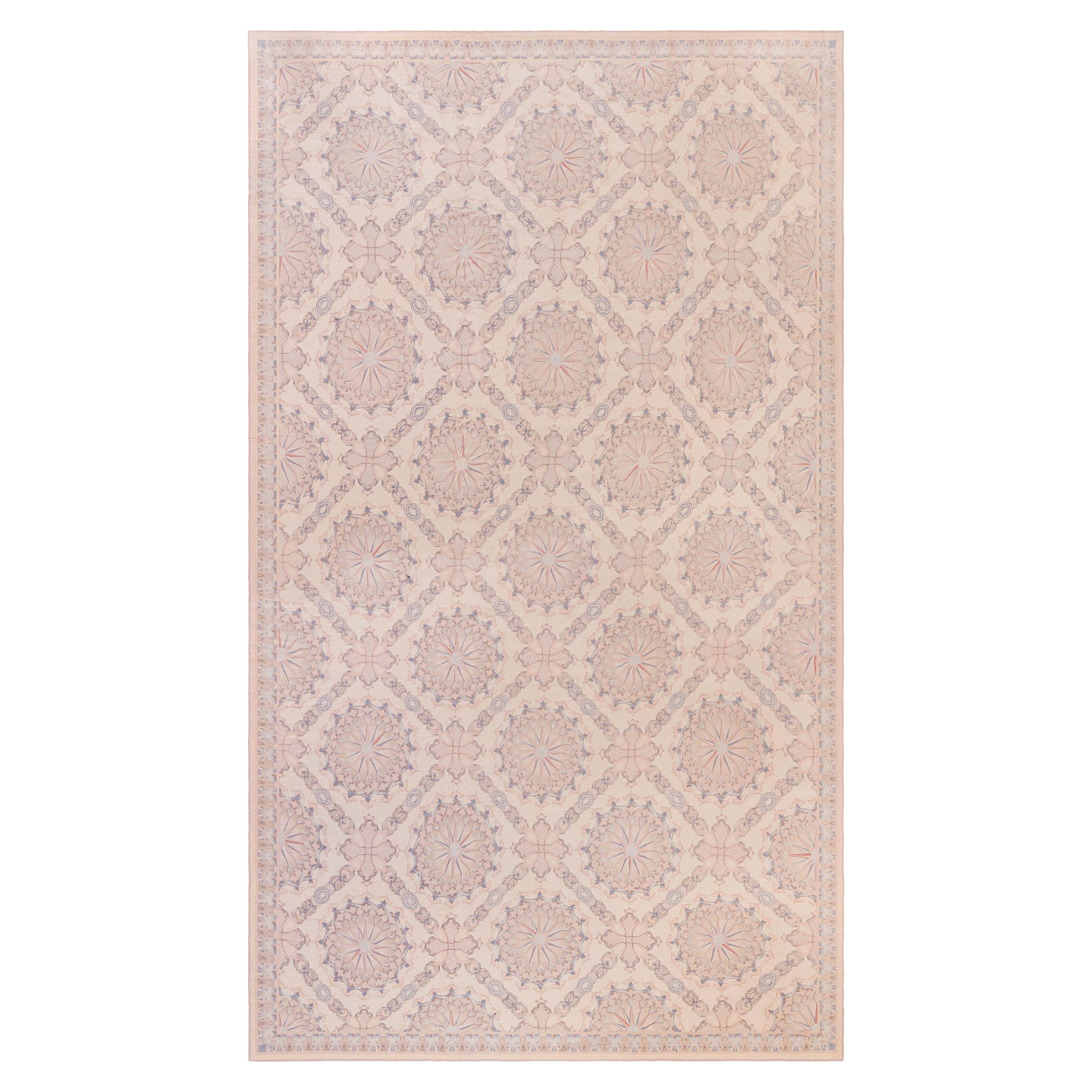 Contemporary Aubusson Design Beige and Blue Needlework Rug by Doris Leslie Blau For Sale