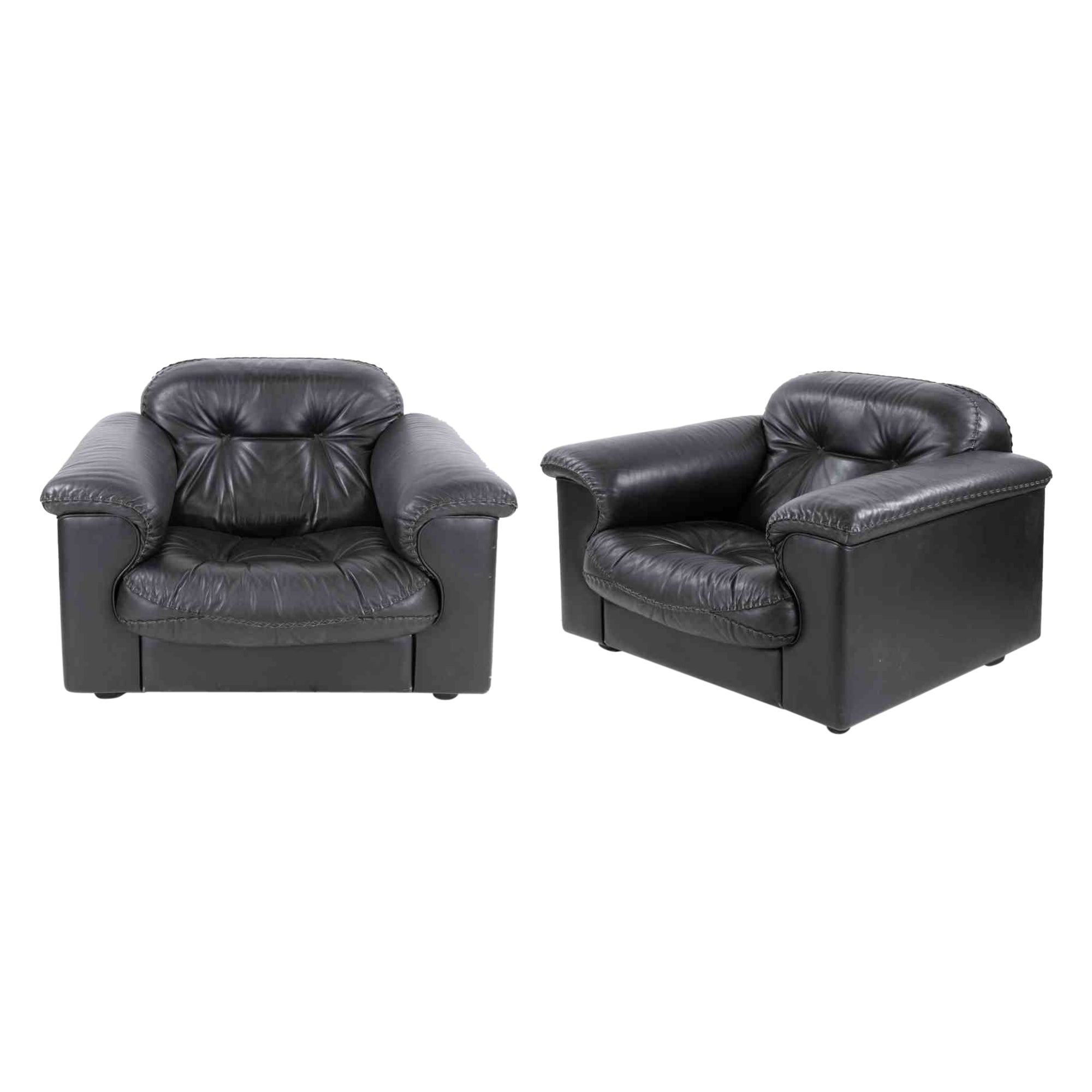 Pair of De Sede Black Leather Armchairs DS-110, 1970s