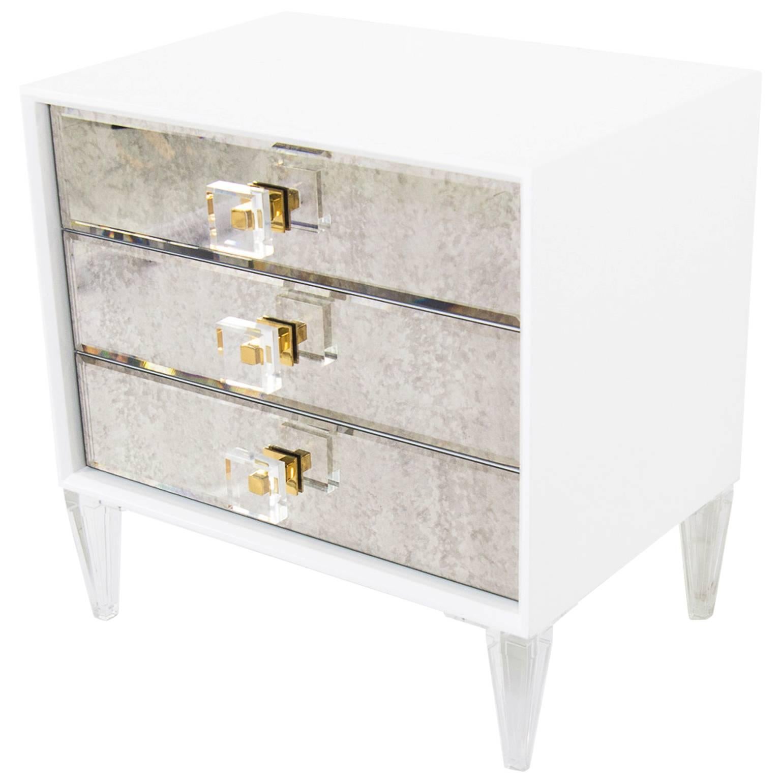 Modern Style Juliette Side Table in White w/ Antique Mirror Front & Lucite Pulls For Sale