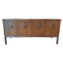 Vintage 1975 Mastercraft Mahogany Wood Chrome Credenza Cabinet Buffet Sideboard