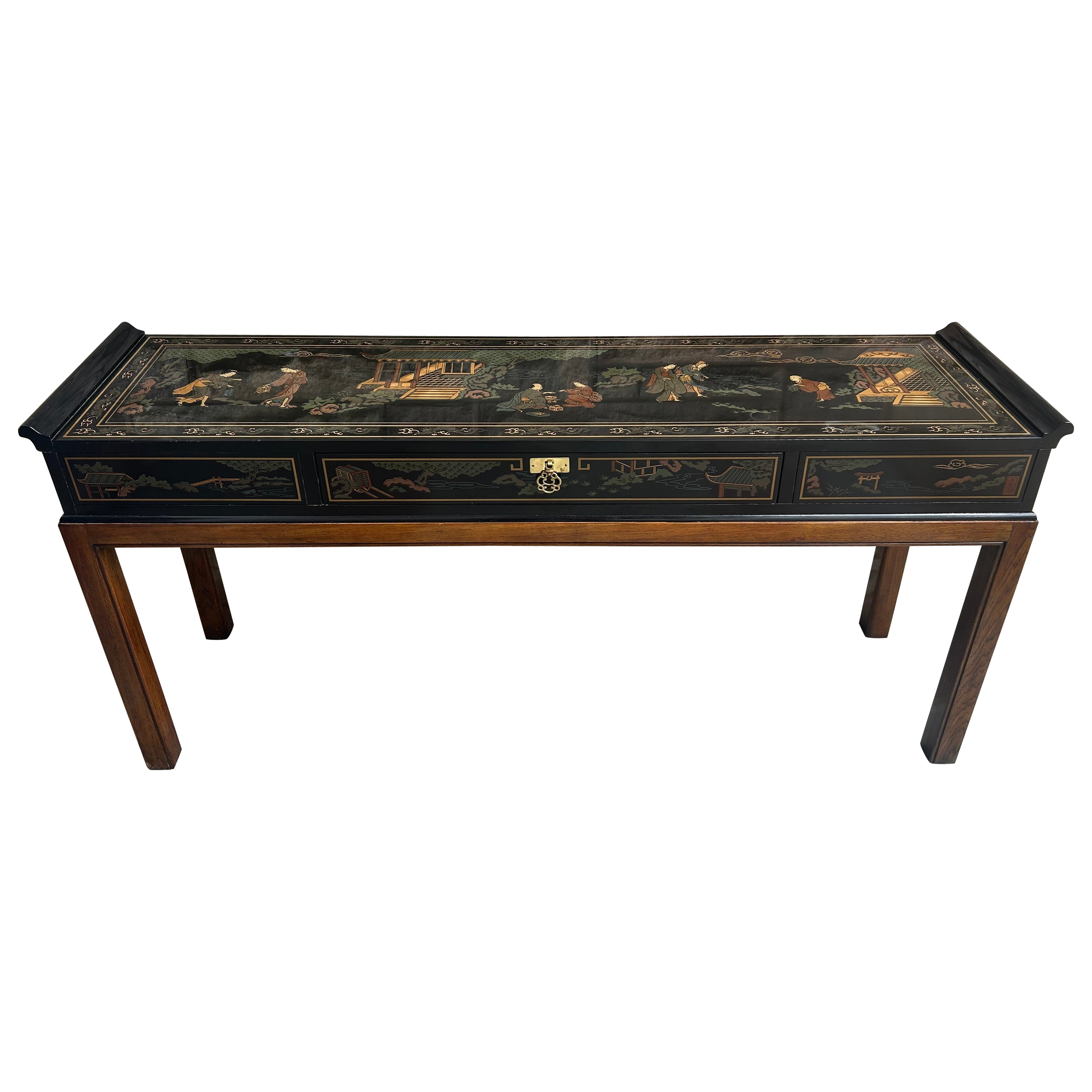 Fabelhafter Chinoiserie-Konsolentisch, handbemalter Drexel-Schwarzer Lack, Mid-Century