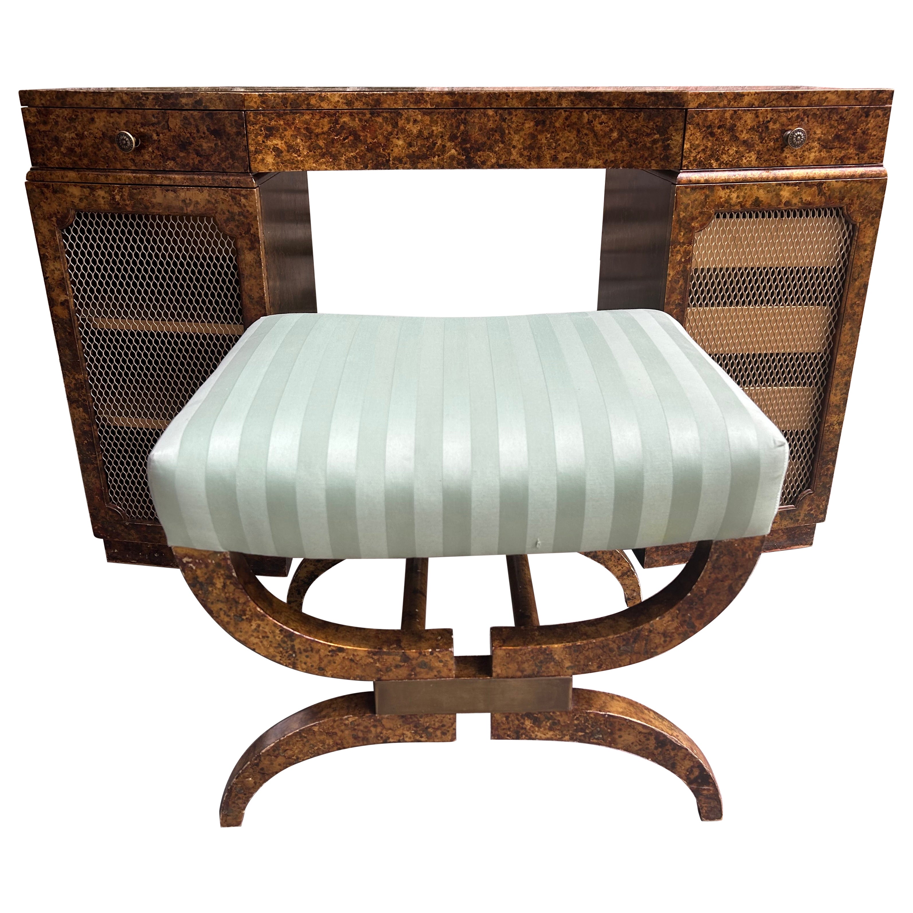 Lovely Art Deco Faux Schildpatt Vanity Tisch und Hocker Messing Mid-Century