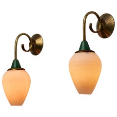 Antique Mid-Century Italian Wall Sconces in Brass, Opaline Glass, and Green Accents