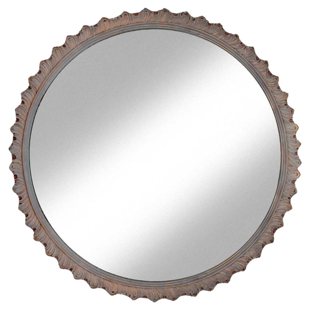 Greige Round Gessoed Wood Mirror Accented in Gold For Sale