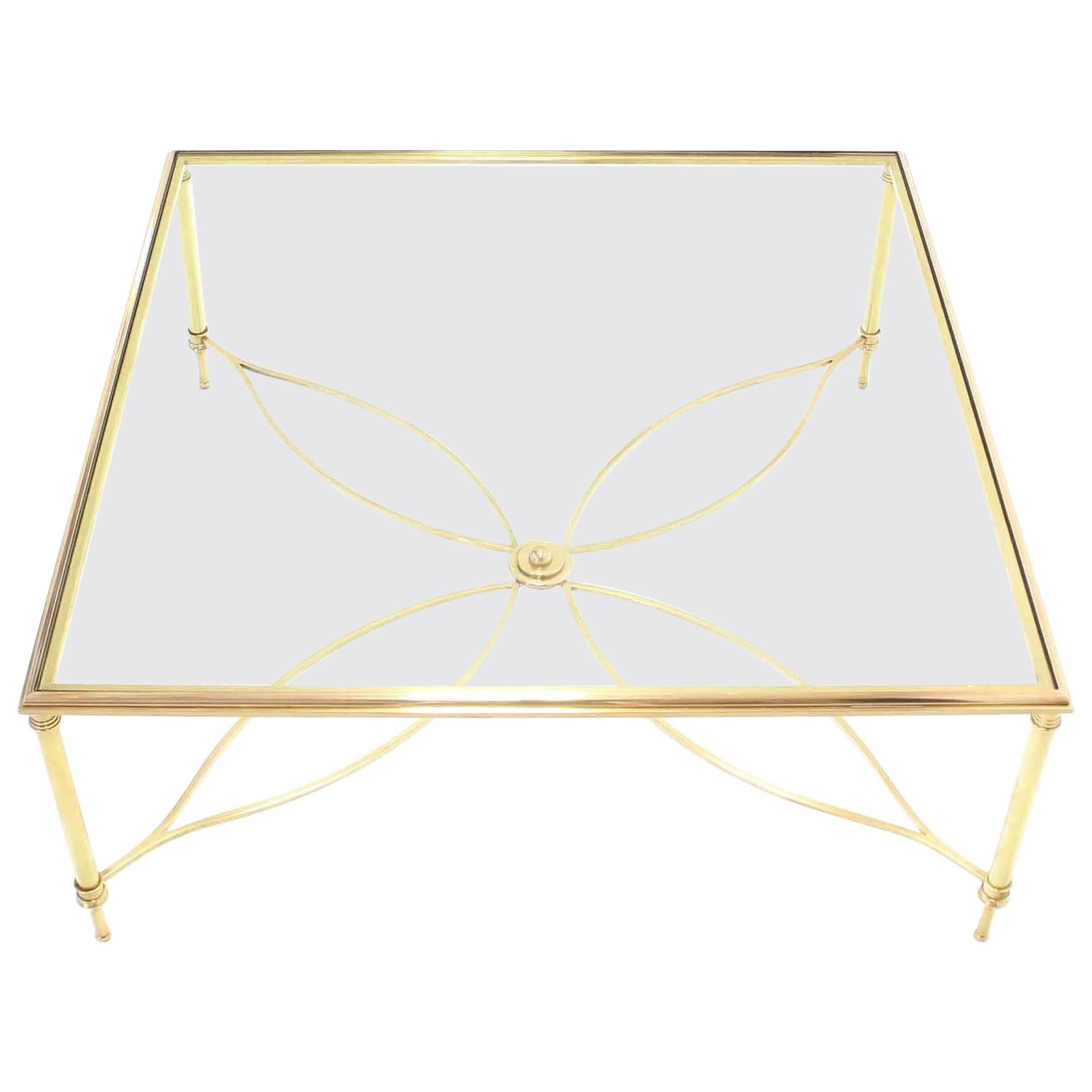 Large Square Brass Coffee Table w/ Lotus Like Base Stretcher