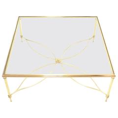 Large Square Brass Coffee Table w/ Lotus Like Base Stretcher 5