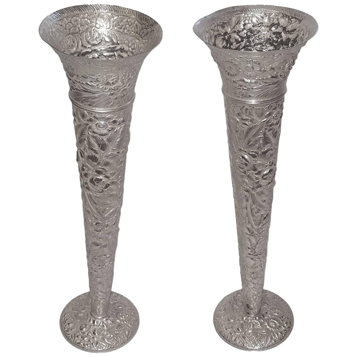 Pair of Silver Plated Flora Vases For Sale