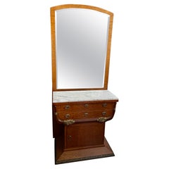 Art Deco Burled Veneer Marble Top Ormolu Stand W/Tall Mirror Cabinet & Drawers