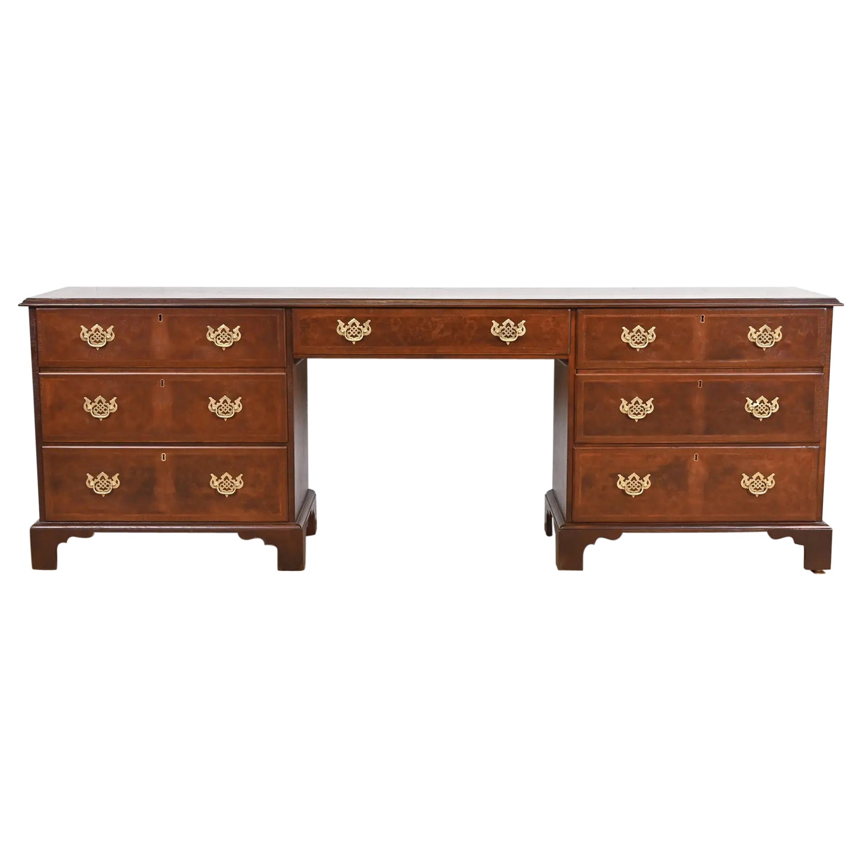 Baker Furniture Georgian Burled Walnut Executive Credenza Desk, Newly Refinished