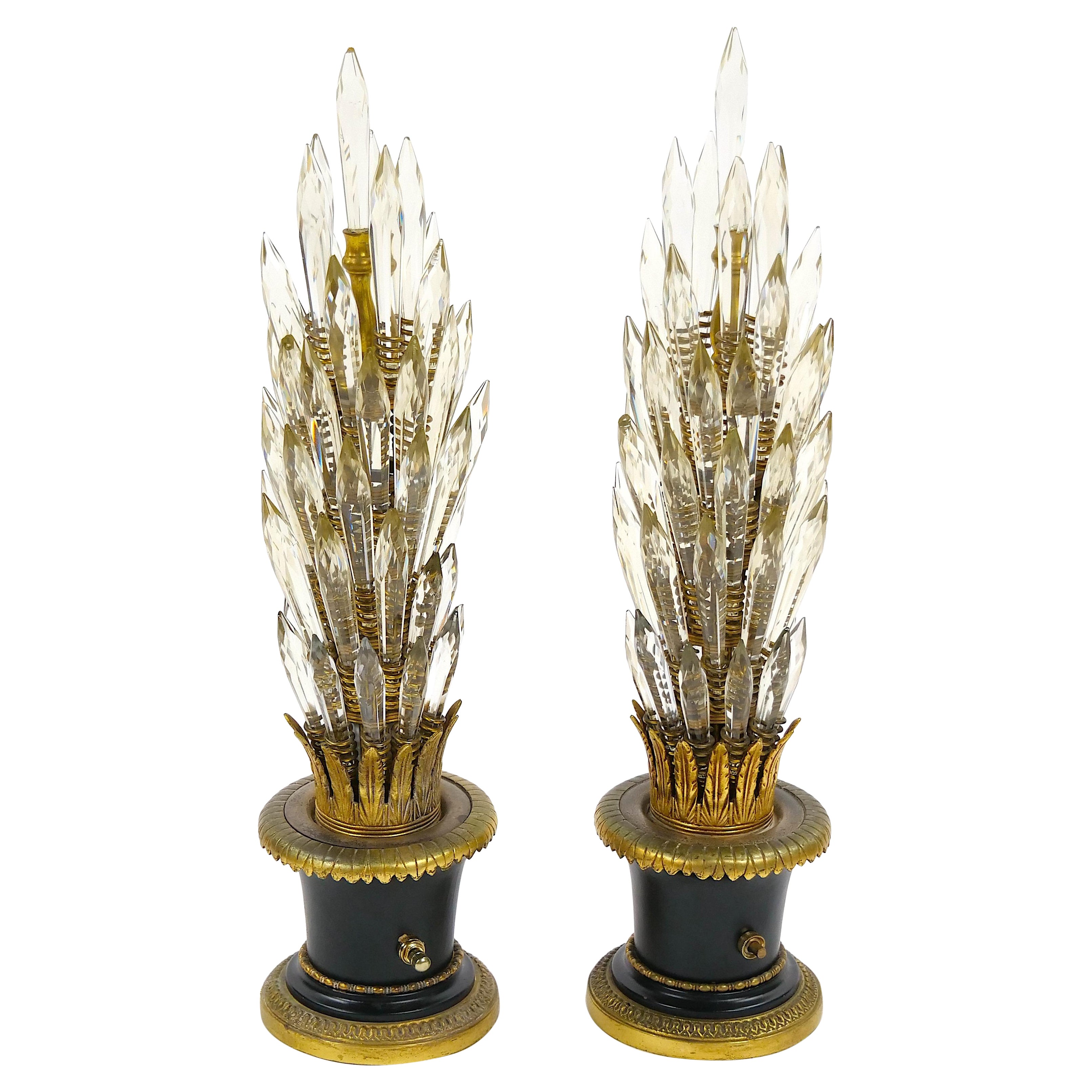 Empire Style Gilt & Patinated Bronze Tree-Form Table Lamp with Crystal Leaves