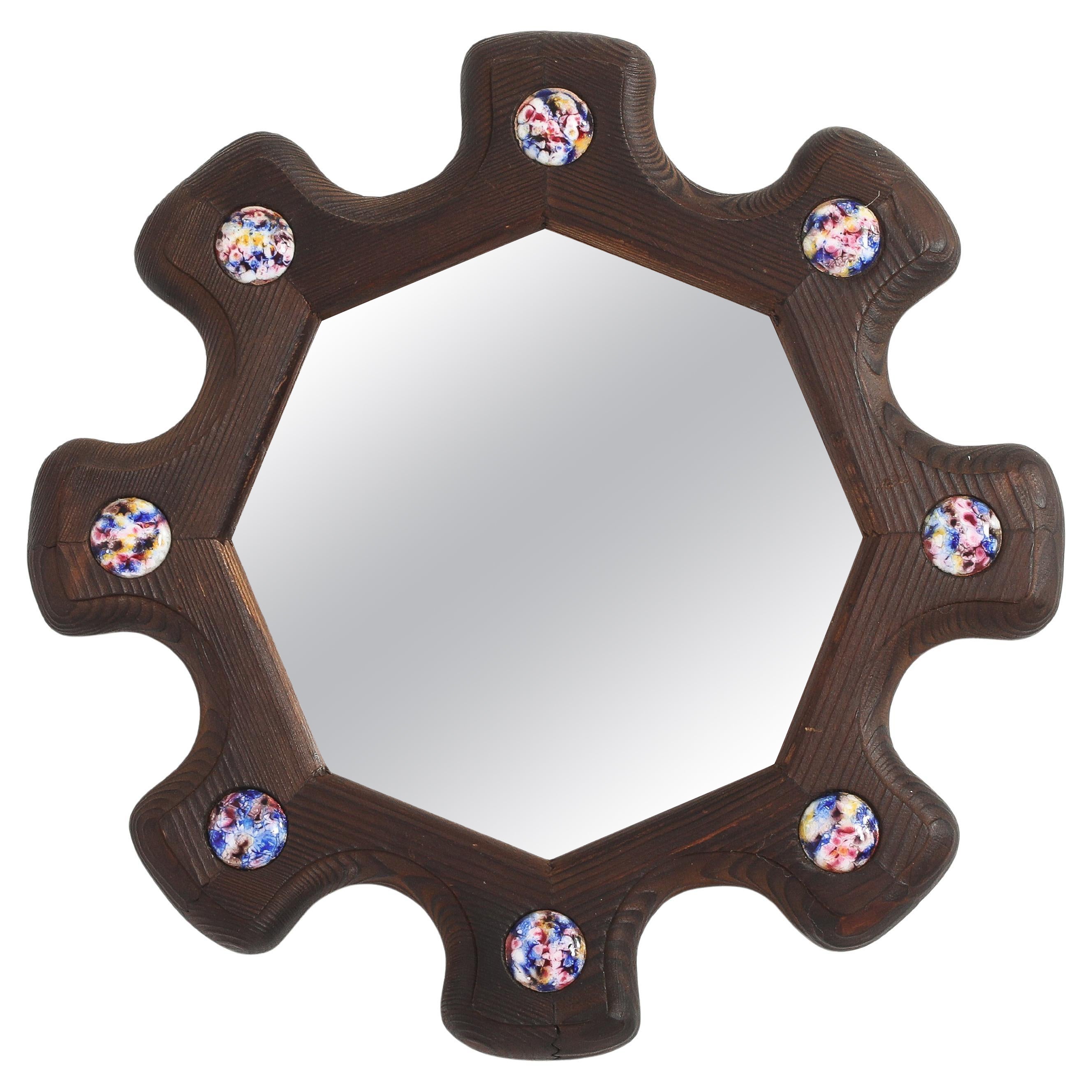 Pine & Enamel Mirror, France 1950's