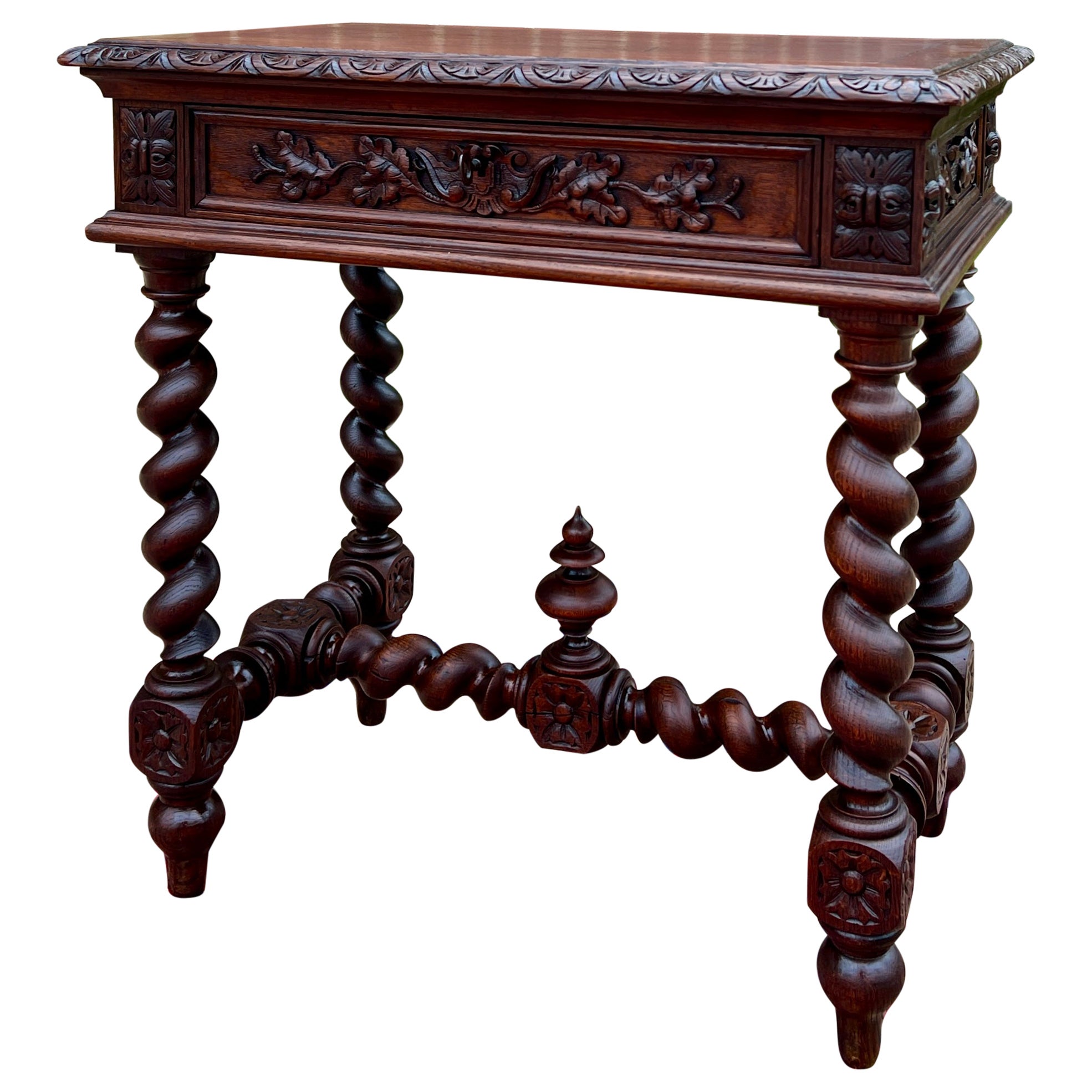 Antique French Escritorio Mesa de Escribir Mesilla de Noche PETITE c/ Cajón Barley Twist Roble en venta