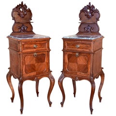 Antique French Mahogany Night Stands with marble top and crest, 1900