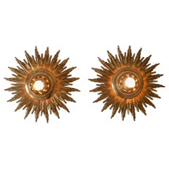 Set of Two Exceptional Mid Century Modern Gilt Flush Mounts or Sconces 1950s