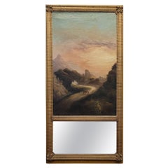 Trumeau Frances Napoleon III, Miroir et huile sur toile Paysage au coucher du soleil