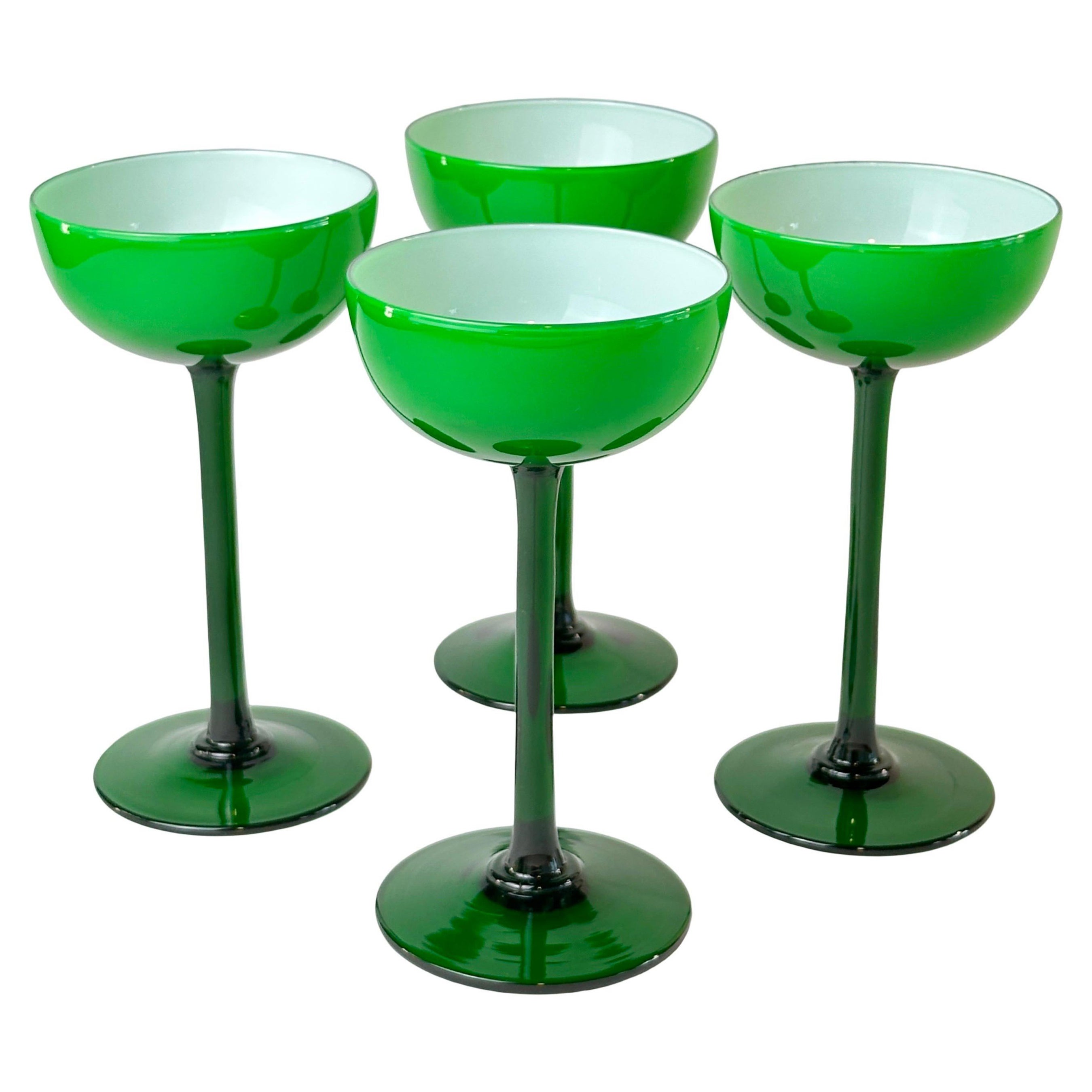 Juego de 4 copas de champán de tallo largo verde esmeralda con estuche, Carlo Moretti
