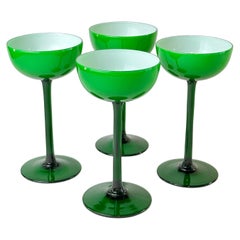 Juego de 4 copas de champán de tallo largo verde esmeralda con estuche, Carlo Moretti