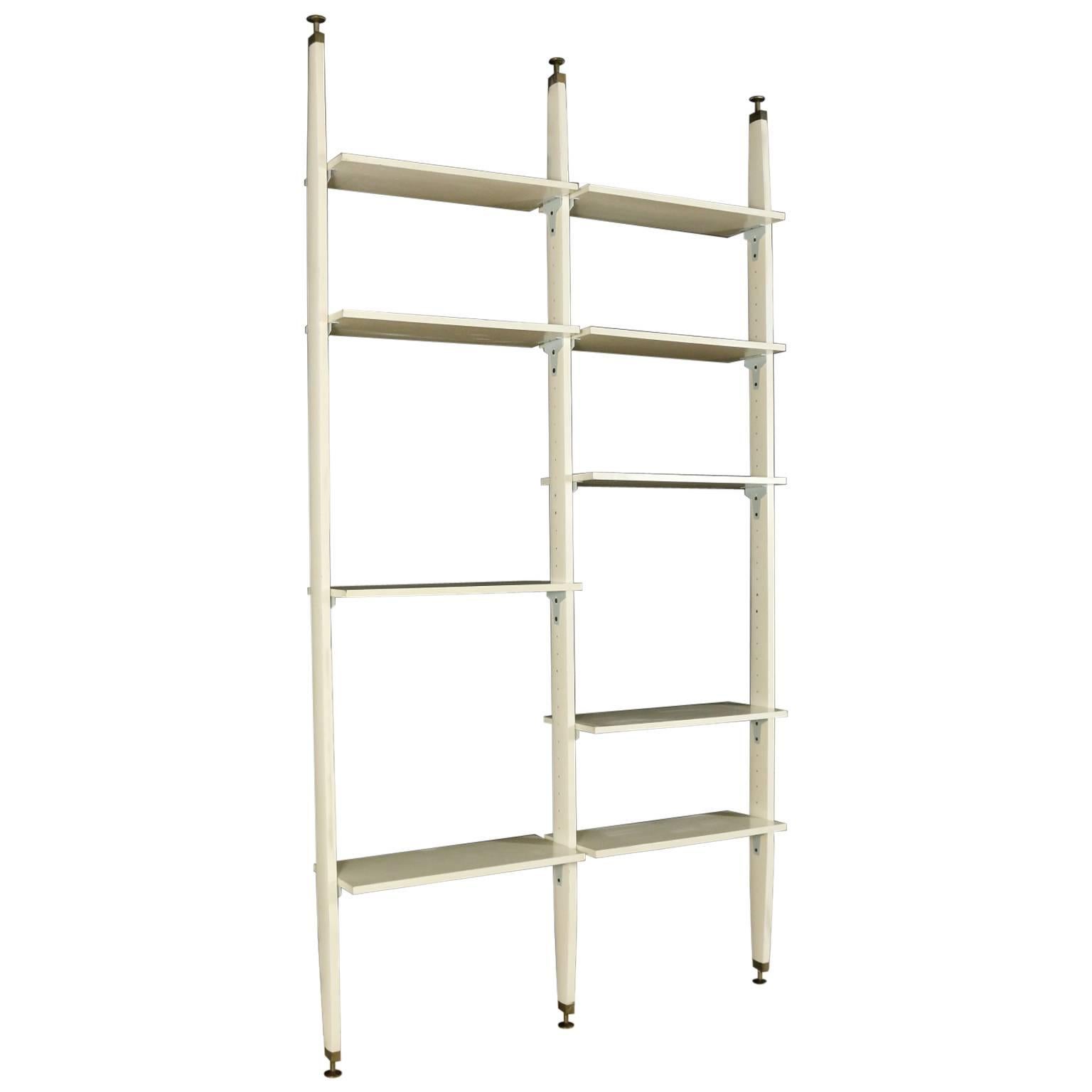 Floor-to-Ceiling Bookcase Lacquered Wood Brass Manufactured, Italy, 1950s