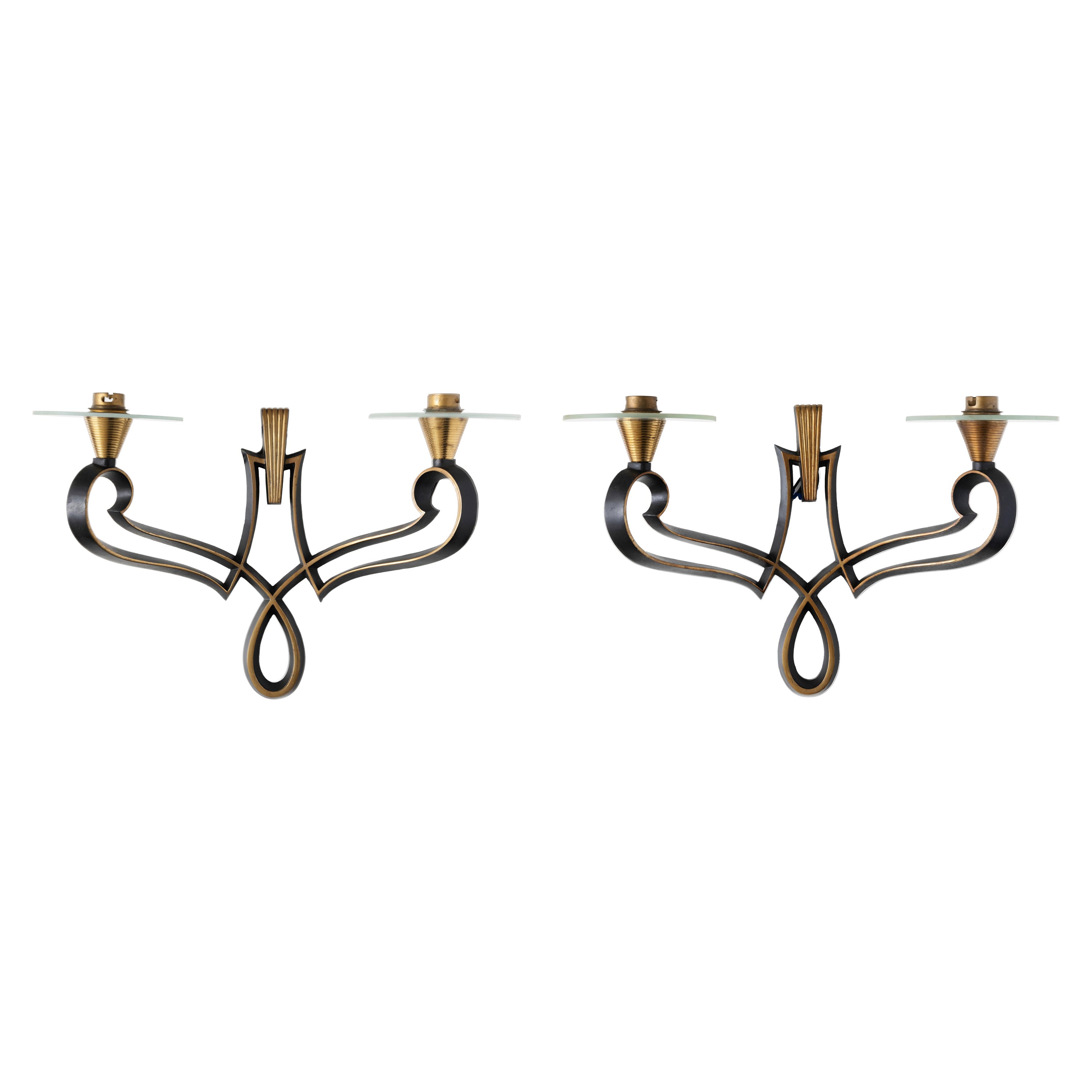 Philippe Genet & Lucien Michon, 2er-Set Wandleuchten aus Glas und Metall im Angebot