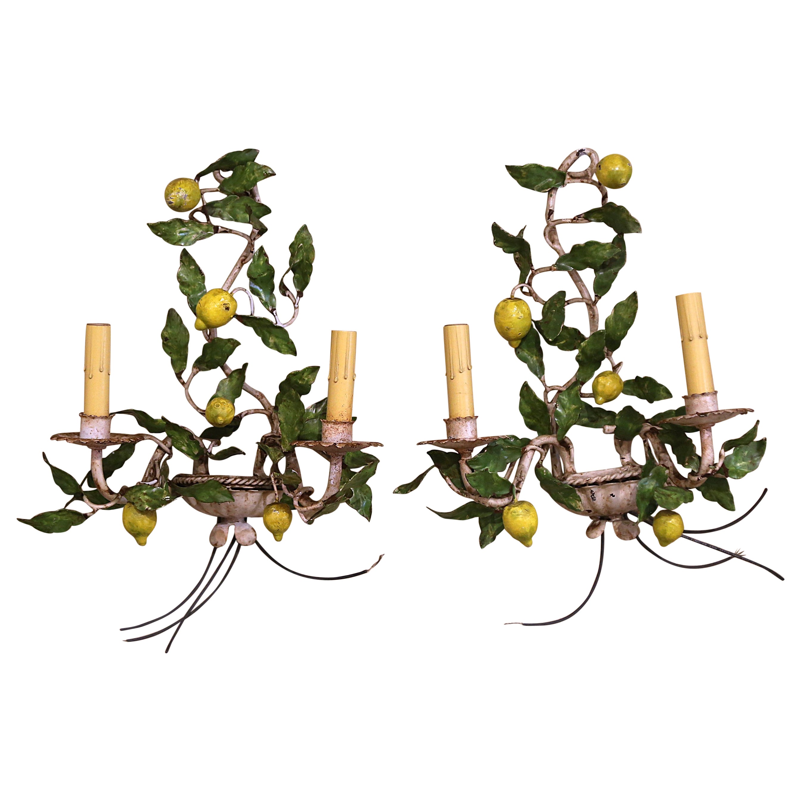 Pair of Early 20th Century French Painted Metal, Lemons and Leaves Wall Sconces For Sale