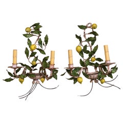 Pair of Early 20th Century French Painted Metal, Lemons and Leaves Wall Sconces