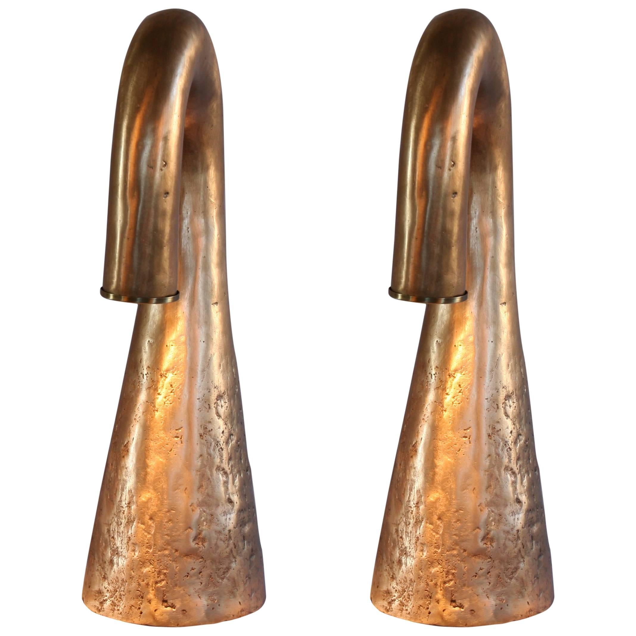 Pair of Table Lamps in Bronze, Model Elephant, Signed Arriau