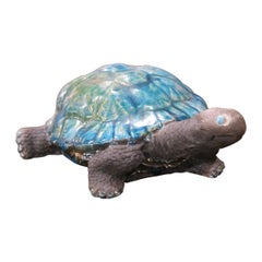 Vintage French Carved Ceramic Two-Tone Crackled Turtle Sculpture Raku Method