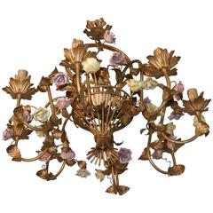 1950 Gilt Metal and Ceramic Chandelier 7