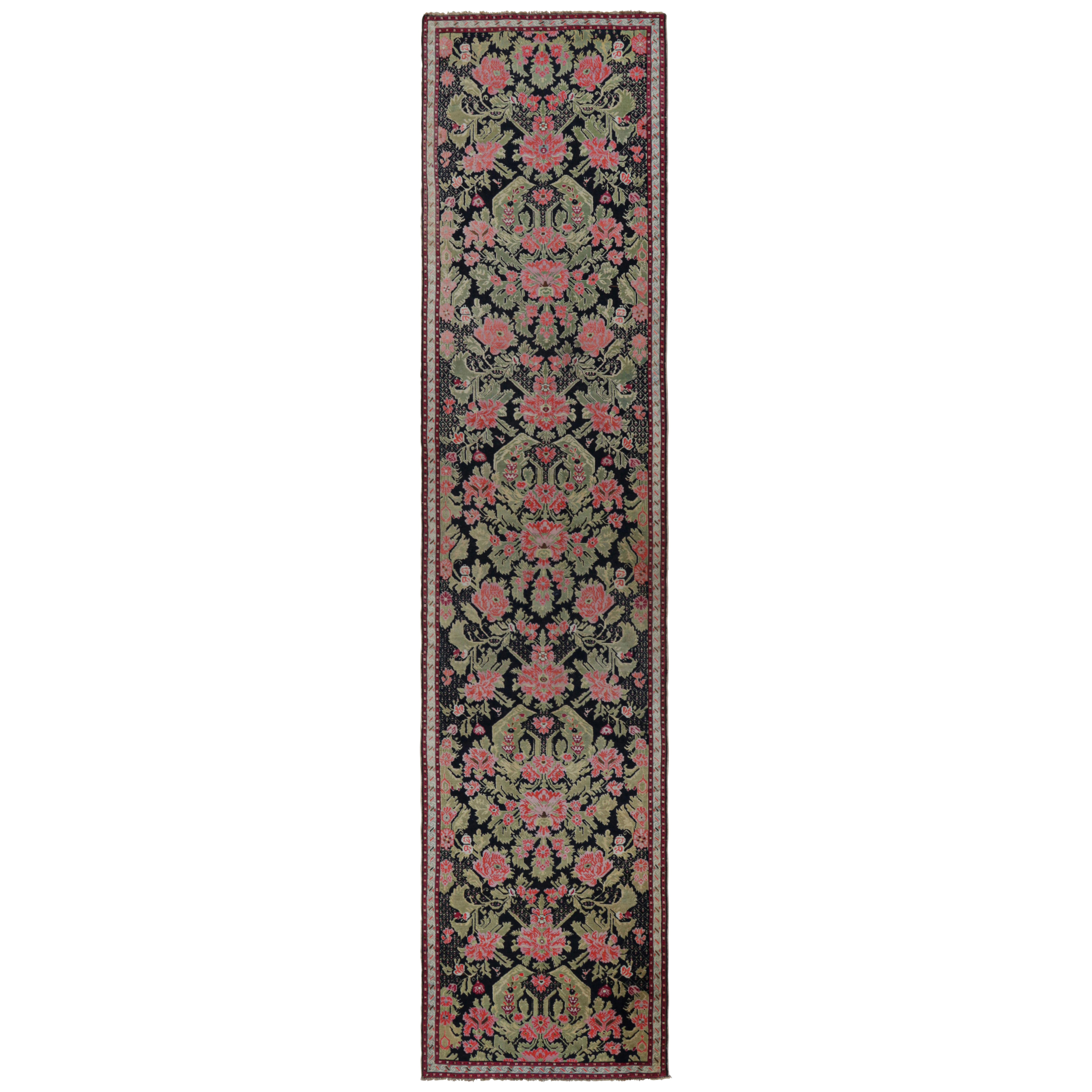 Antique Karabagh Extra-Long Runner Rug in Black with Florals - Rug & Kilim For Sale