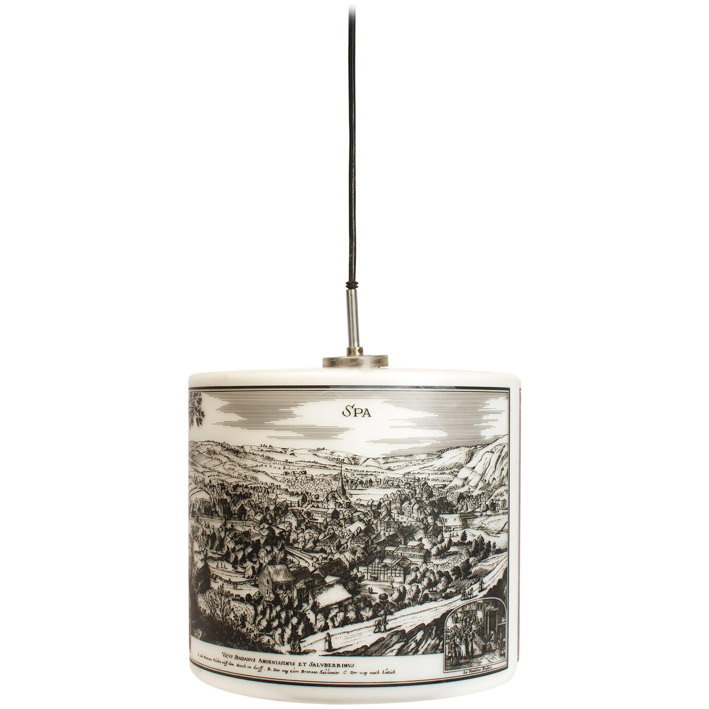 Pendant Light with Historical Pictures of Spa and Liège For Sale