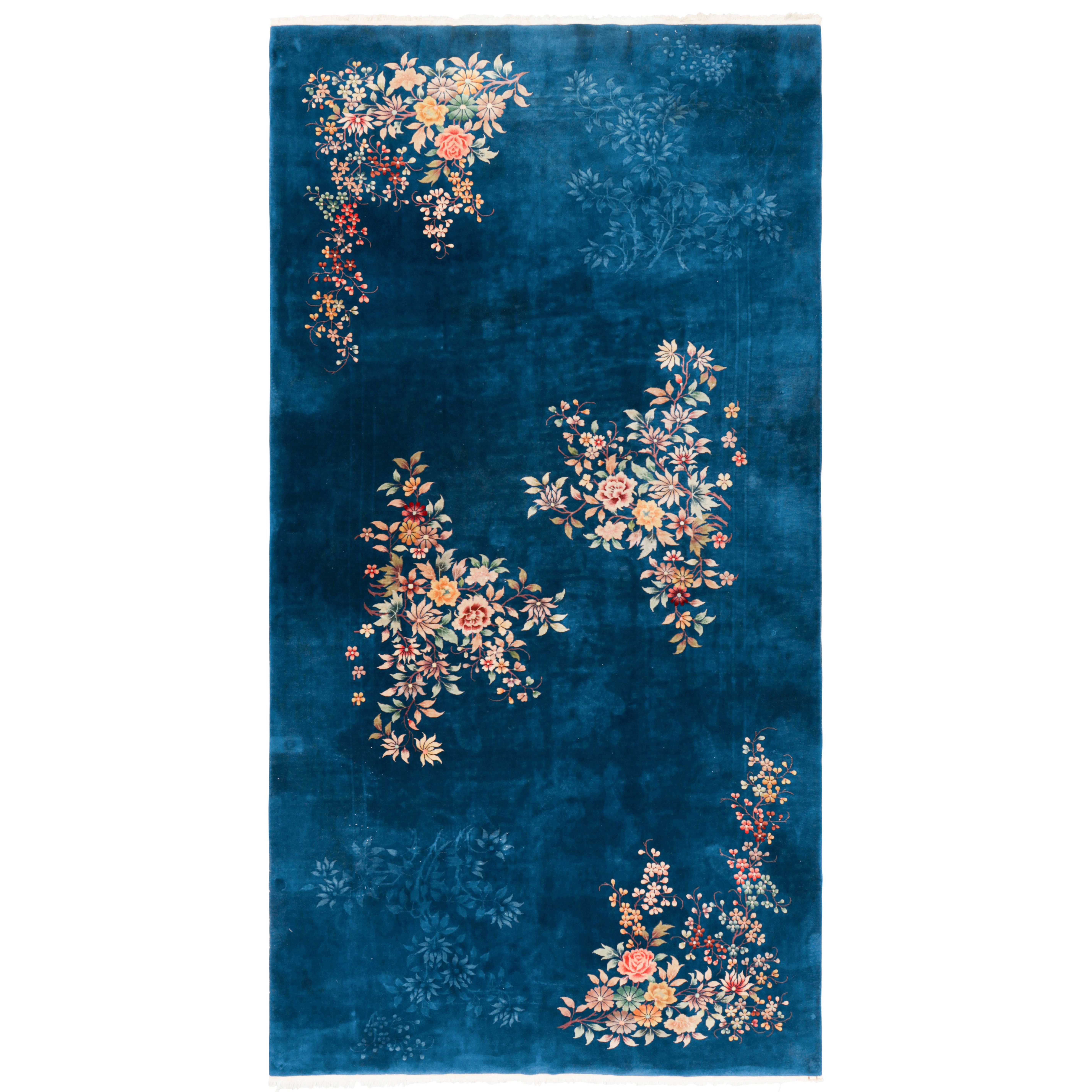 Oversized Antique Chinese Art Deco Rug, Blue with Floral Patterns - Rug & Kilim