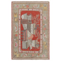 Tapis Khotan vintage en rouge avec un rare am designs pictural - Rug & Kilim