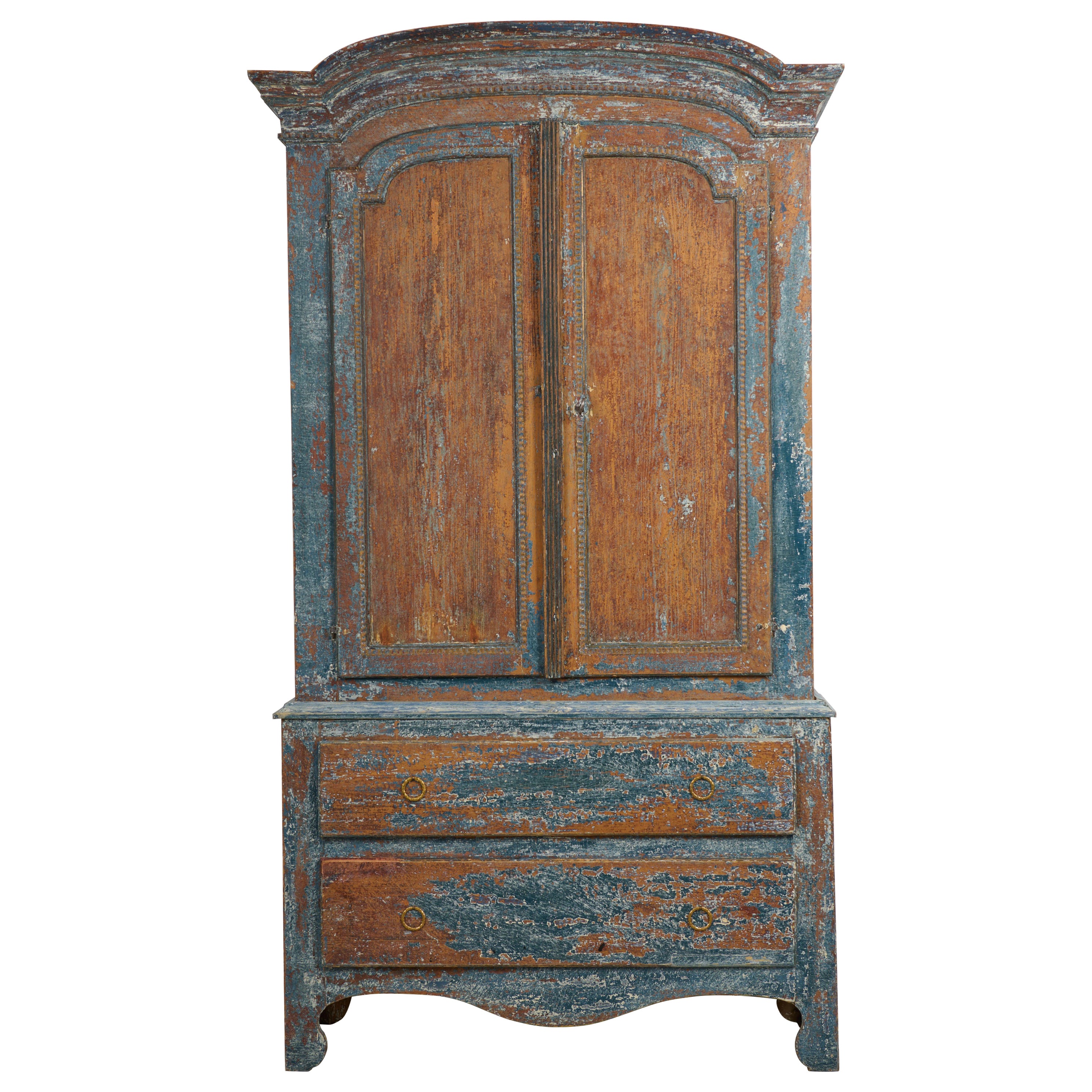 Auténtico Armario Sueco Antiguo de Arte Popular en estilo rococó con pintura azul rústica