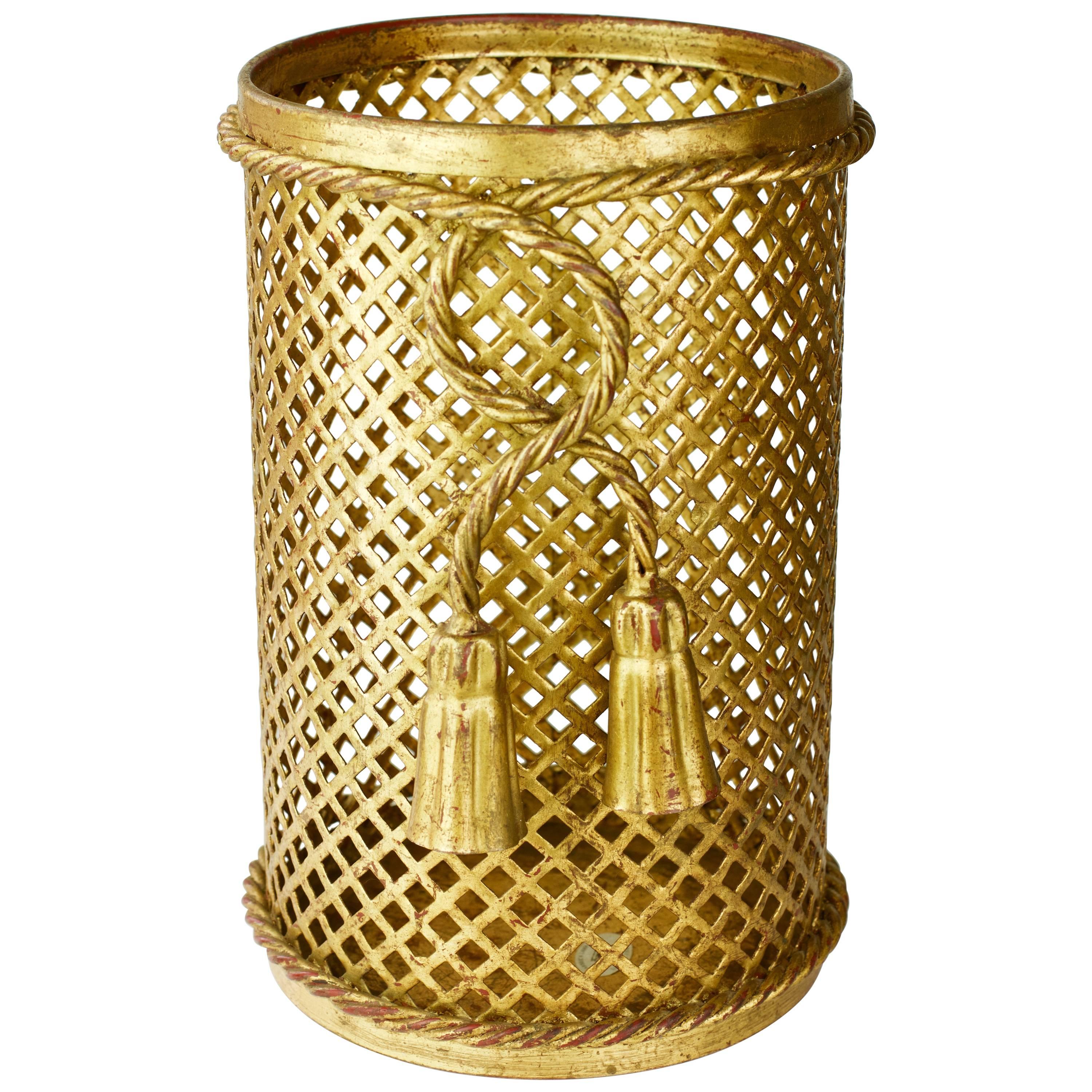 1950s Italian Hollywood Regency Gilded Waste Paper Basket by Li Puma Firenze