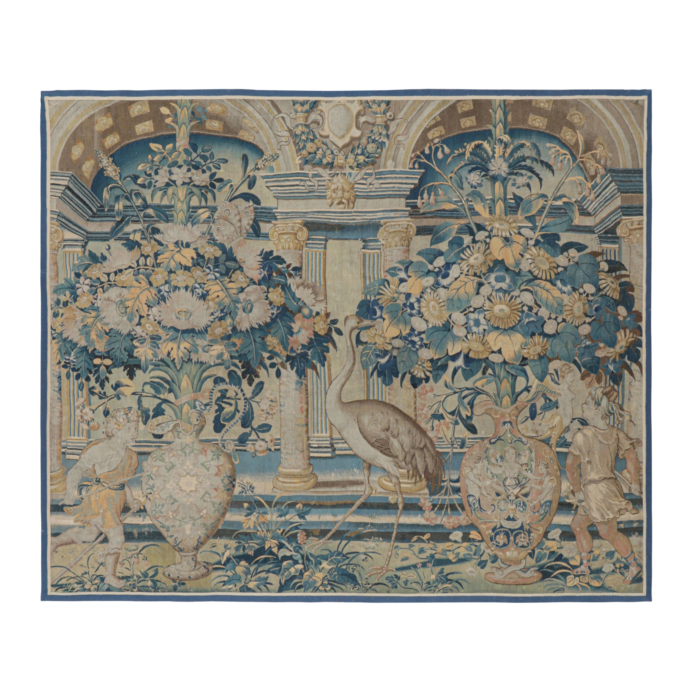 Antique Flemish Verdure Pictorial Tapestry in Blue and Cream Tones - Rug & Kilim