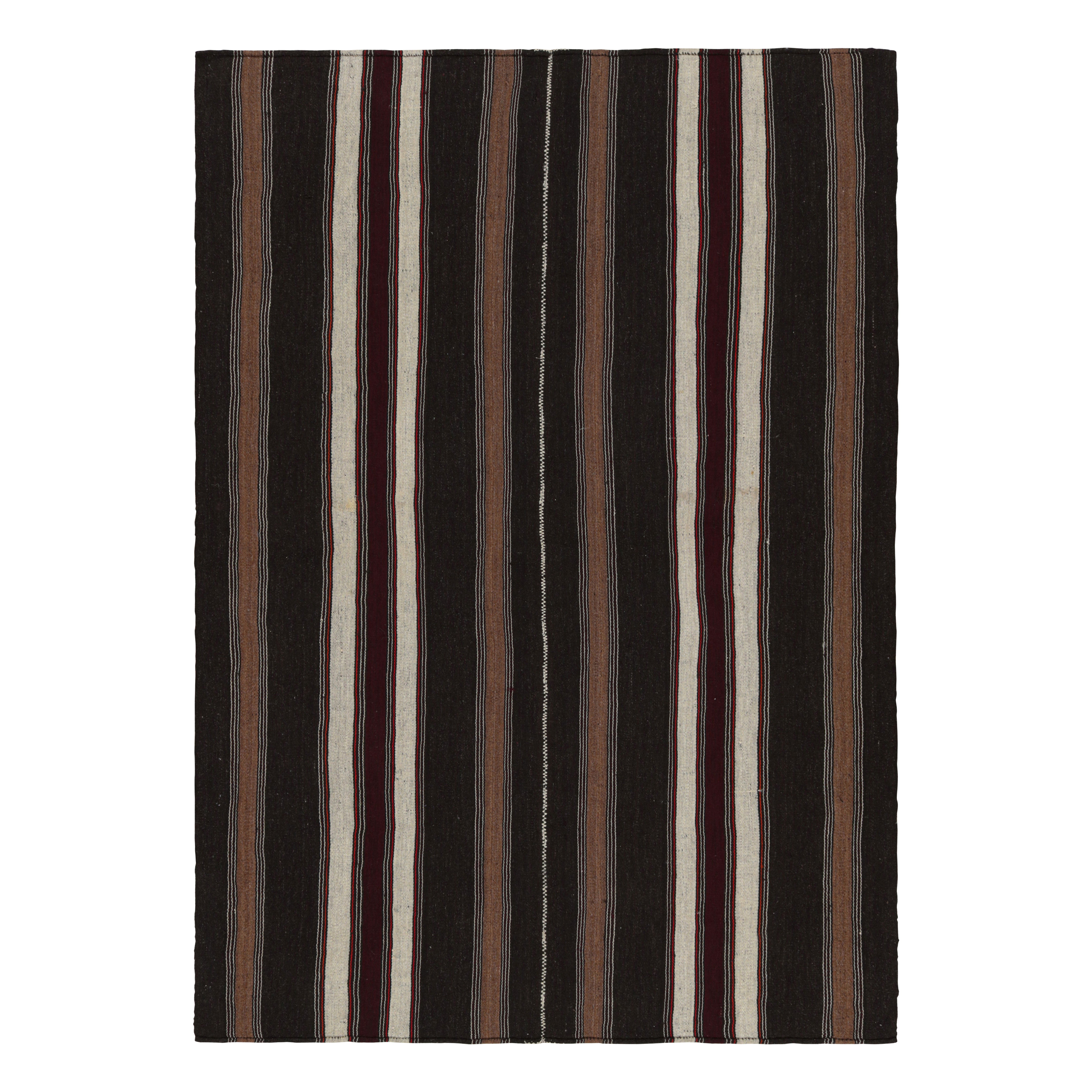 Vintage Turkish Kilim Rug in Brown, Black & White Stripes - Rug & Kilim