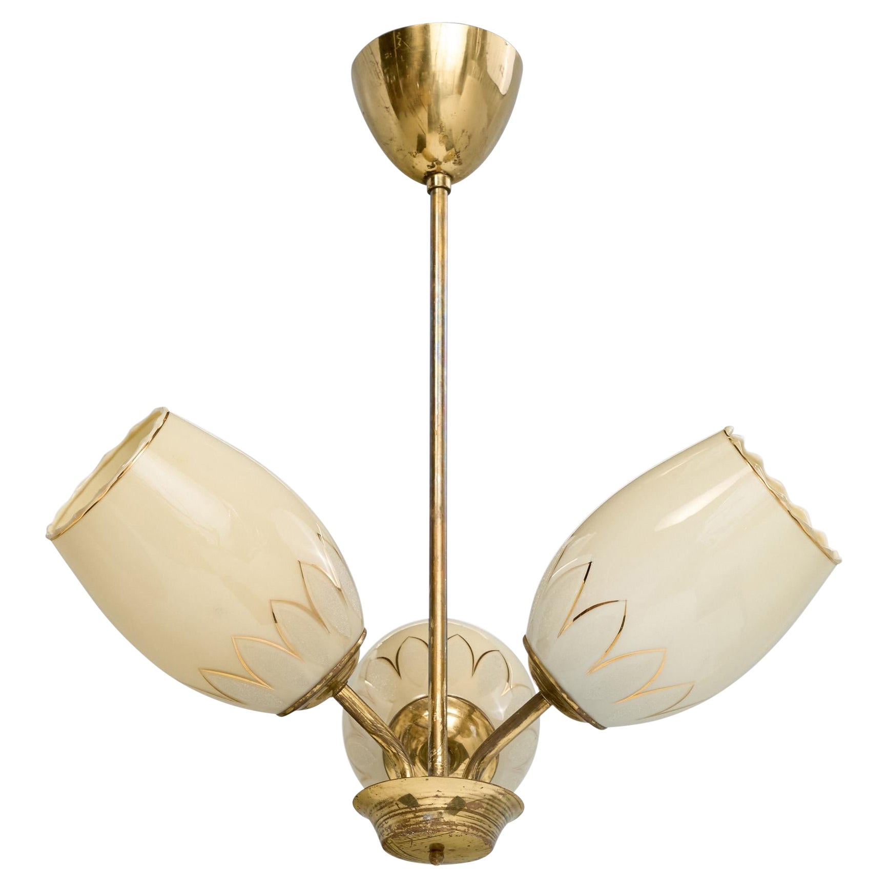 Finnish Designer, Chandelier, Brass, Glass, Finland, 1940s