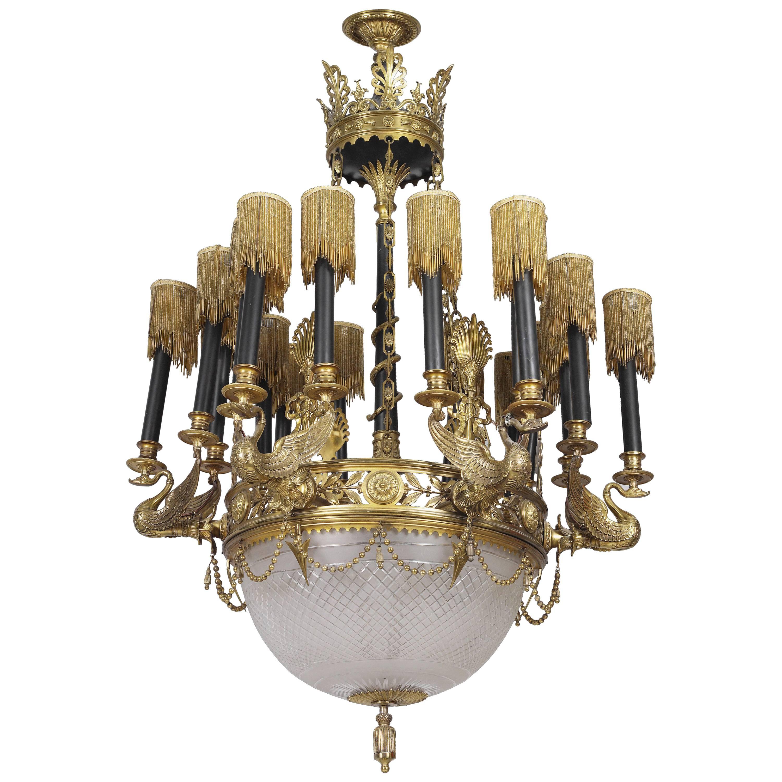 Large Empire style cut glass, gilt and patinated bronze French chandelier