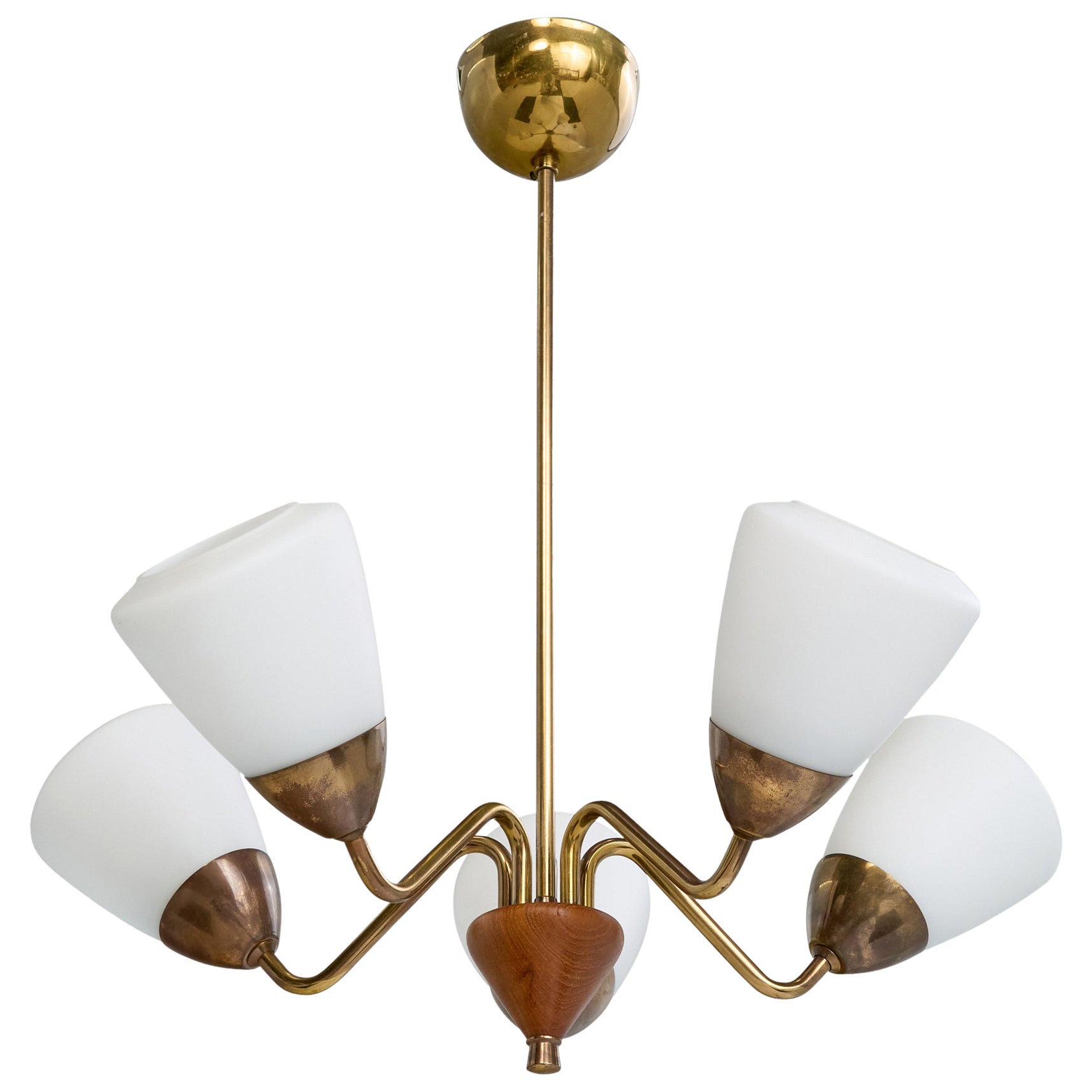 Swedish Designer, Chandelier, Brass, Oak, Glass, Sweden, 1950s