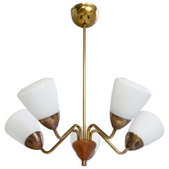 Swedish Designer, Chandelier, Brass, Oak, Glass, Sweden, 1950s
