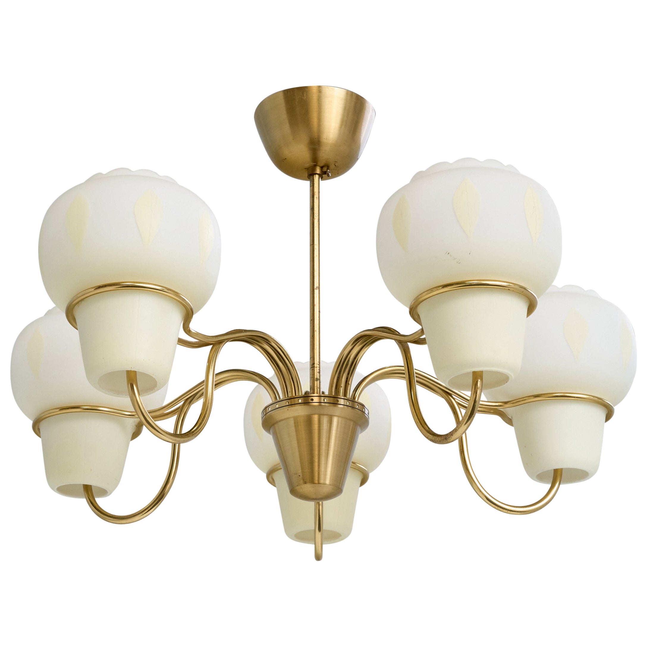 Swedish Designer, Chandelier, Brass, Glass, Sweden, 1950s For Sale